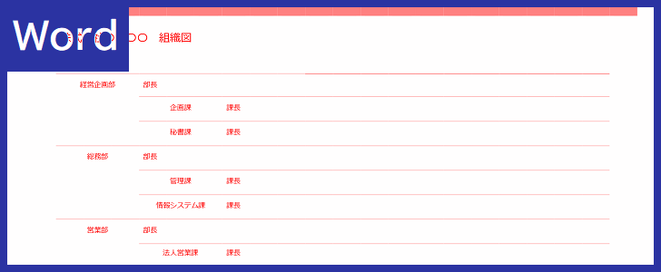 シンプルなwordで作成された組織図の無料テンプレートとなり 編集 が簡易的に行えるデザインです 表形式なので作成や作り方も簡単 無料でダウンロード 全てのテンプレートが無料ダウンロード Word姫